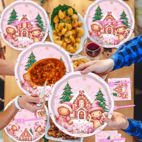 96Pcs Pink Gingerbread Christmas Decorations, Disposable Snowflake Gingerbread Paper Plates Napkins Forks Dinnerware for Xmas Ginger bread House Cookies Party Supplies, Serves 24 - Image 6