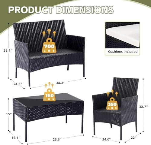 Patio Furniture Set 4 Pieces, Outdoor Rattan Furniture with Tempered Glass Coffee Table, Modern Rattan Patio Chairs Conversation Sets with Sofa for Garden, Terrace, Porch, Lawns - Image 3