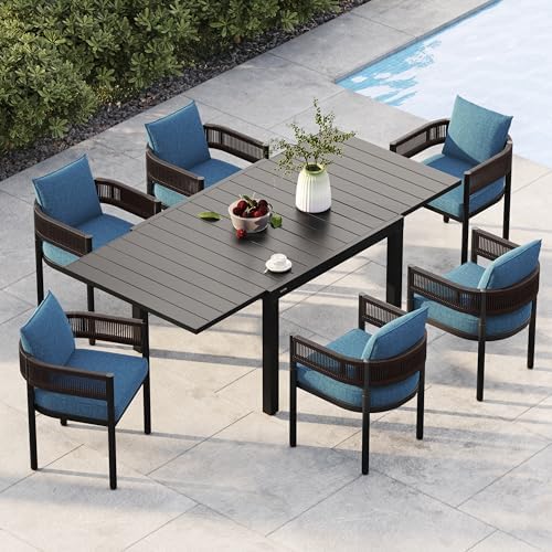 Grand patio 7-Piece Outdoor Dining Set for 6 with 1 Rectangle Expandable Table for 4-6 Person, Metal Woven Wicker Fixed Patio Chairs with Thickened Cushions for Yard, Poolside, Deck (Brown) by GrandPatio