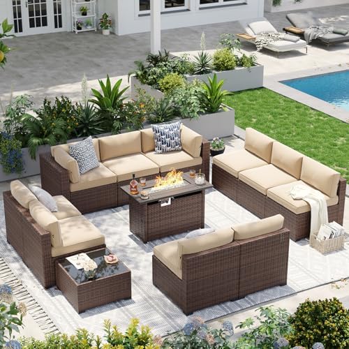 Aoxun Patio Furniture Sets, 12-Piece Outdoor Patio Furniture with 44'' Propane Gas Firepit Table, Wicker Outdoor Conversation Set Sectional Sofa for Backyard, Poolside, Garden by Aoxun