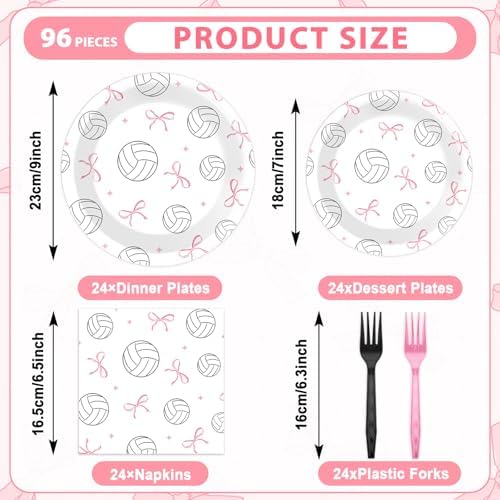 96PCS Volleyball and Bow Party Paper Plates and Napkins for Sports Themed Party Dessert Cake Plates Disposable Decor Pink Bow Volleyball Parties Set for Boys Girls Birthday Gatherings Decorations - Image 2
