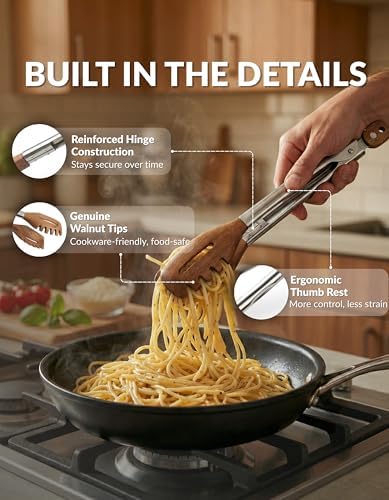 3-in-1 Kitchen Tongs & Pasta Server – 12 Inch Walnut Multifunction Tongs with Slotted Forked & Flat Tips for Pasta, Salad, Cooking and More – Elegant, Heat-Resistant Food Tongs for Home Cooks & Chefs - Image 5