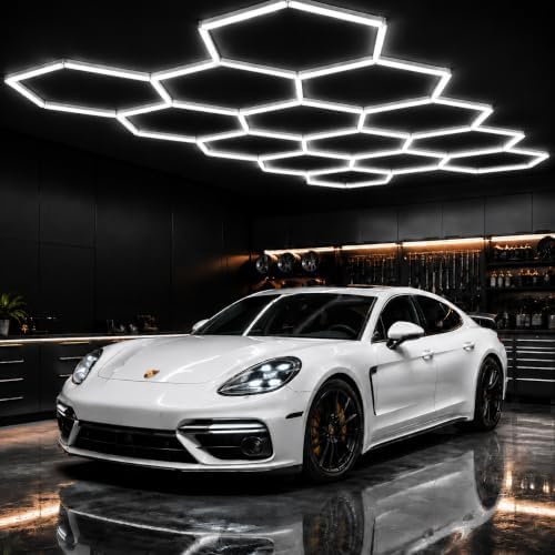 14-Hexagon LED Garage Lights with Outer Rectangle, 600W 60800LM Honeycomb Ceiling Light, 6500K Ultra Bright Workshop & Auto Detailing Light System (57 Tubes Included) by Tiyahomey