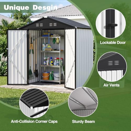 6 x 4 FT Outdoor Storage Shed, Waterproof Metal Garden Tool Shed with Gable Sloped Roof, Magnetic Light, Lockable Door & Air Vents for Backyard Patio Lawn, White - Image 6