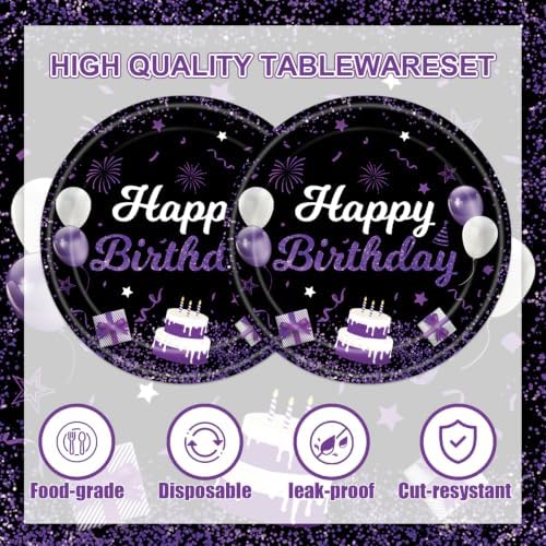 40Pcs Purple Glitter Black Happy Birthday Decorations Black and Purple Plates and Napkins Elegant Purple Black Birthday Supplies for Women Adult Milestone Birthday Party,Suitable for 20 Guests - Image 4