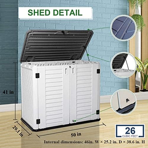 KINYING Outdoor Storage Shed - Horizontal Storage Box Waterproof for Garden, Patios, Backyards, Multi-Opening Door for Easy Storage of Bike, Garbage Cans, Tools, Lawn Mower, Off-White, 26 Cubic Feet - Image 3
