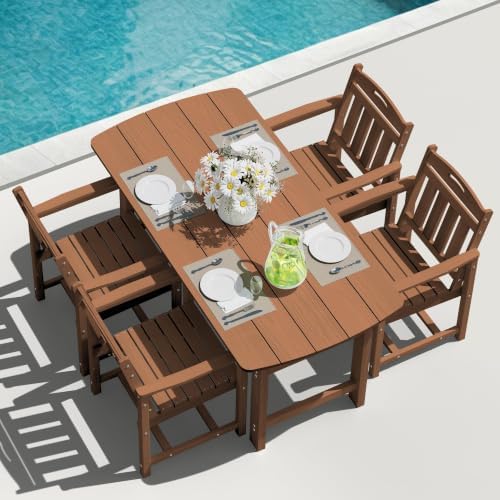 HDPE Outdoor Dining Set, Patio Table and 4 Chairs, 2" Umbrella Hole, Teak by Suunyn
