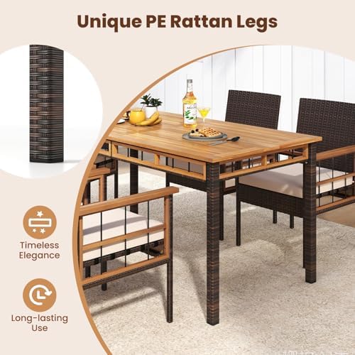 Tangkula 6 Pieces Patio Dining Table Set, Outdoor Rectangular Acacia Wood Table with 1.97” Umbrella Hole & Cushioned Backless Bench & 4 Armchairs, for Garden, Deck, Yard - Image 5