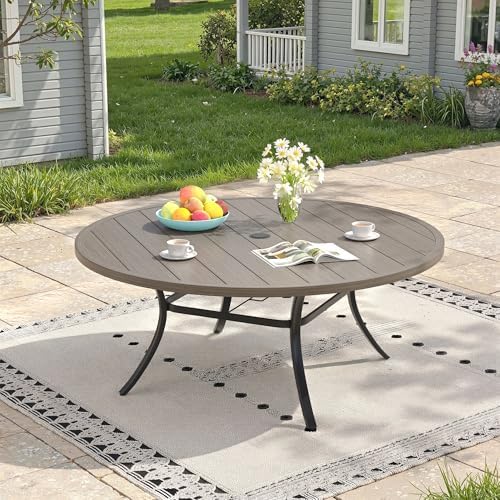 Outdoor Dining Table for 8, 60" Round Outdoor Table with Adjustable Umbrella Hole, All-Weather Metal Patio Dining Table for Lawn Garden Backyard Deck, Grey by ProvideOutdoorSolutions