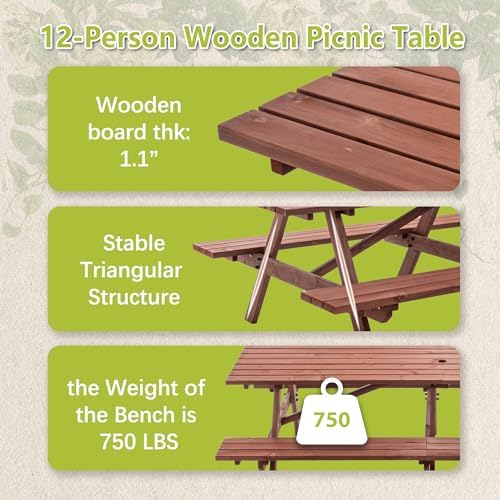 94.5" Picnic Table with Bench for 12 Person Extra Large Rectangle Outdoor Wooden Outdoor Picnic Tables for Patio Garden Backyard Large Outside Dining Table Set with Umbrella Hole - Image 3