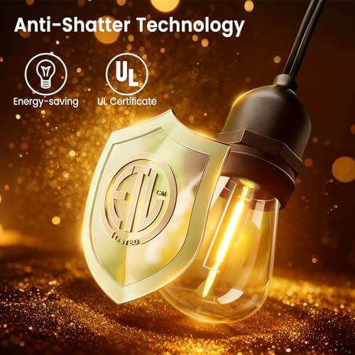 48ft Outdoor String Lights with Remote & Dimmer,24+2 Commercial Grade IP65 Waterproof Bulbs, 2700K Warm White,3 Lighting Modes & Timer,Includes 30 Cable Ties for Patio,Garden, Party - Image 6