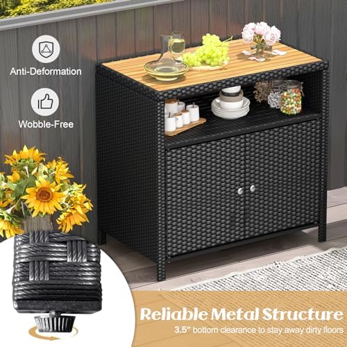 Tangkula Rattan Outdoor Storage Cabinet, Patiojoy Outdoor Cabinet with Acacia Wood Countertop, Open Compartment, 2-Door Wicker Sideboard, Outdoor Bar for Patio Garden Backyard Poolside (Black) - Image 5