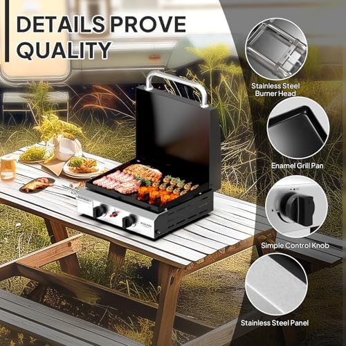 ROVSUN 2 Burner Portable Propane Griddle with Enameled Tray & Lid, 20,000 BTU Tabletop Flat Top Gas Grill with Electronic Ignition & Regulator for Outdoor Cooking Camping BBQ Tailgating Picnicking - Image 5