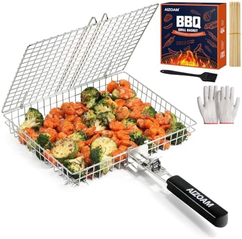 Grill Basket - Grill Baskets for Outdoor Grill, Stainless Steel Large Grilling Basket w Removable Handle, Portable Fish Grilling Rack for Grill Ideal Meat Fish Vegetables Grilling Accessories by AIZOAM