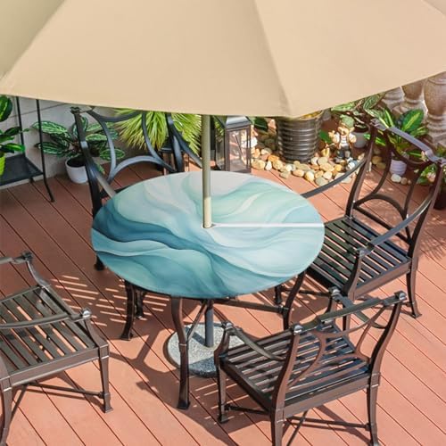 Fitted Round Tablecloth with Umbrella Hole and Zipper Abstract Teal Blue Outdoor Elastic Table Cloth 45"-56" Oil-Proof Waterproof Texture Patio Table Cover for Party Outdoor - Image 7