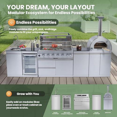 128" Outdoor Kitchen Island,Stainless Steel Propane BBQ Grill with Pizza Oven, Rotisserie, Refrigerator, Granite Countertop, Storage Cabinets & Drawers 120,000 BTU. - Image 6