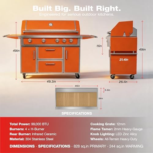 49" Orange Stainless Steel Grill, 4 Burners & Infrared Burner, Natural Gas - Image 3