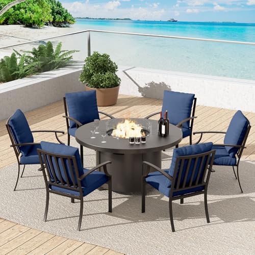 7 Pcs Outdoor Patio Furniture Set with 48"/55000 BTU Outdoor Round Propane Fire Pit Table,Patio Conversation Sets 6 Fixed Chairs No-Slip Cushions and Waterproof Covers,NavyBlue by TrumbeakFurniture