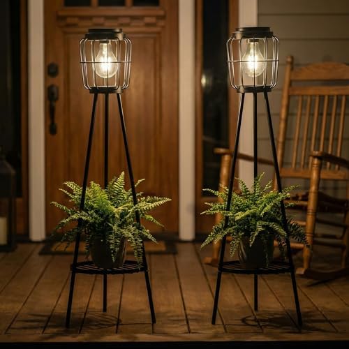 VISFLAIR 2 Pack Solar Lights with Plant Stand, Outdoor Floor Lamp, Waterproof Solar LED Edison Bulb Floor Lamps for Patio Porch Deck Yard Garden Decor - Image 5