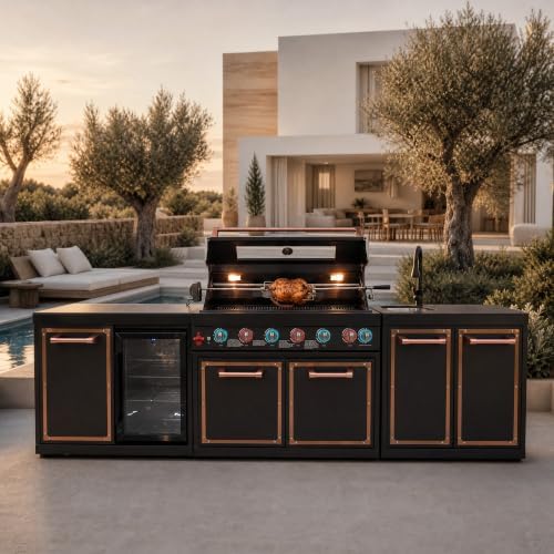 114" Black Titanium Outdoor Kitchen Island, 6-Burner Gas Grill & Sink - Image 6