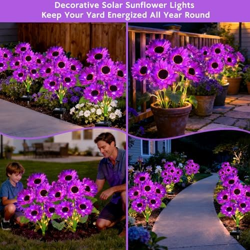 Solar Sunflower Lights Outdoor Garden Decor, 6 Pack Solar Purple Flowers Lights with 36 Sunflowers, Waterproof Fall Decor Stake Decorative Light Auto ON/Off for Garden Yard Patio, Gift for Women - Image 6