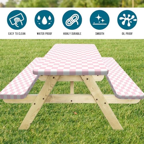 Picnic Table Cover with Bench Covers and Bag, Pink and White Checkered Gingham Buffalo Plaid Camping Tablecloth Cover Waterproof Windproof Elastic Edges Fitted Tablecloths for Outdoor 3PCS 30x72 Inch - Image 2