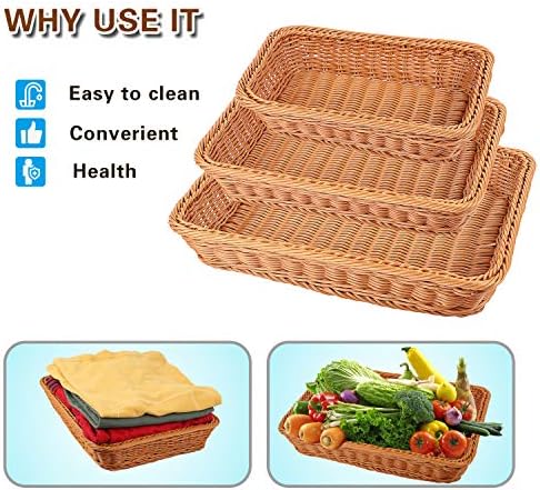 KEILEOHO 3 Packs Poly Wicker Bread Baskets Set of 16 14 12 Inch, Handmade Woven Pantry Organizer, Tabletop Food Serving Baskets for Fruits, Vegetables and Snacks, Restaurant, Hotel Serving, Brown - Image 4