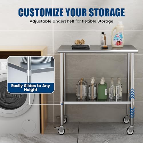 Stainless Steel Work Table with Wheels, 30x36 Inch NSF Kitchen Prep Table with Adjustable Undershelf for Commercial Restaurant, Garage, Outdoor BBQ - Image 4