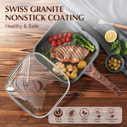 SENSARTE Nonstick Grill Pan with Lid, Grill Pan for Stove Tops, Versatile Griddle with Pour Spouts, Square Big Cooking Surface, Durable Skillet Indoor & Outdoor Grilling. PFOA Free, 9.5 Inch - Image 2