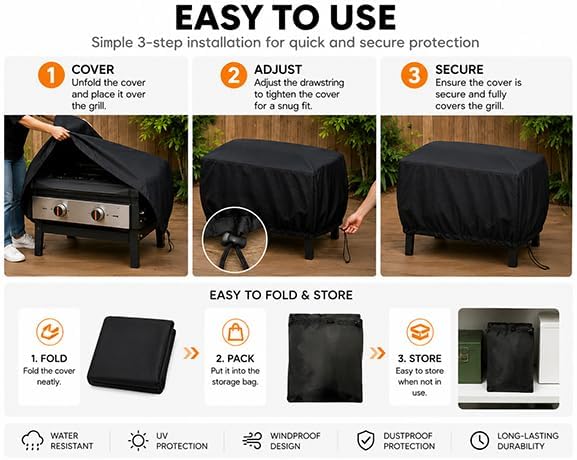 Griddle Cover for Char-Broil Commercial Series 4 Burner Gas Grill & Griddle, 210D Oxford Fabric Flat Top Grill Cover with Adjustable Drawstring, Outdoor Cover for Patio, Backyard and Deck - Image 4