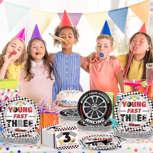 96PCS Race Car Themed 3rd Party Paper Plates and Napkins and Forks Set Young Fast Three Party Tableware Racing Checkered Flag Disposable Dinnerware for Kids Birthday Gatherings Decorations - Image 6
