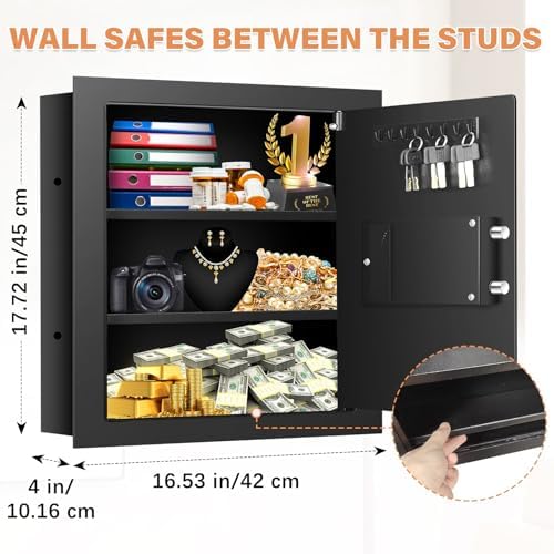 Black 17.72" Tall Wall Safe Between Studs with Combo Lock & Removable Shelf - Image 2