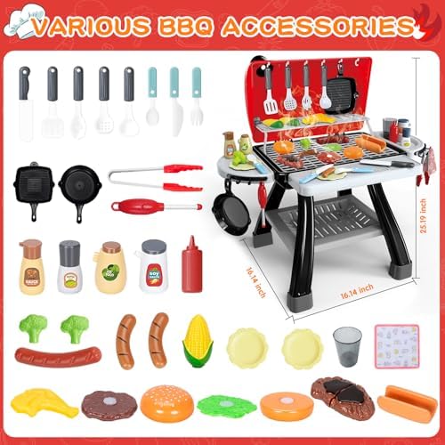 Kids Play Kitchen Toys, Kids BBQ Grill Kitchen Playset with Smoke, Sound & Light, Play Food Toys Cooking Set, 2-Layer Barbecue Outdoor Play Grill Toy Gift for Toddler Boys Girls 3-5 - Image 6
