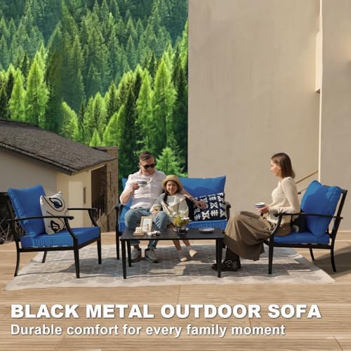 4-Piece Patio Furniture Set, Wider Outdoor Metal Seating Sofa with High Back & Loveseat, Coffee Table, All Weather Metal Conversation Set for Backyard, Poolside, Deck-Peacock - Image 5