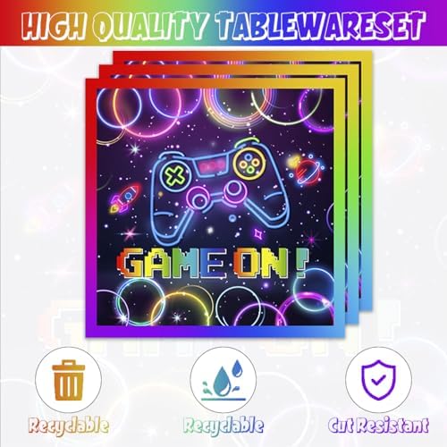 40pcs Video Game Party Supplies,include 20 Dessert plate and 20 Napkin,Neon Video Game On Party Plate Napkin Set,Used for Level Up Party Decoration - Image 4