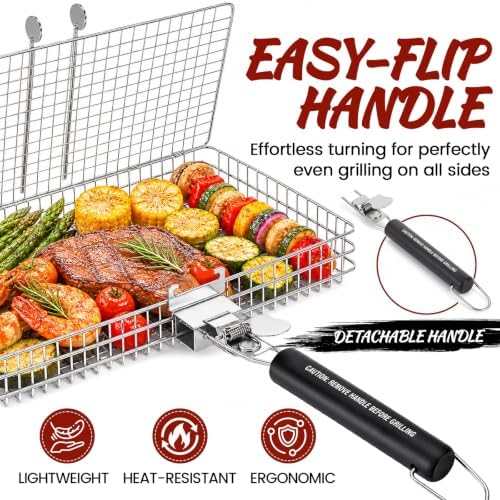 2 Pack Stainless Steel Grill Basket Set with Removable Wooden Handle, BBQ Grilling Rack for Outdoor Cooking, Portable Smoker Grilling Accessories for Fish, Vegetables, Shrimp, Meat & Chicken - Image 4