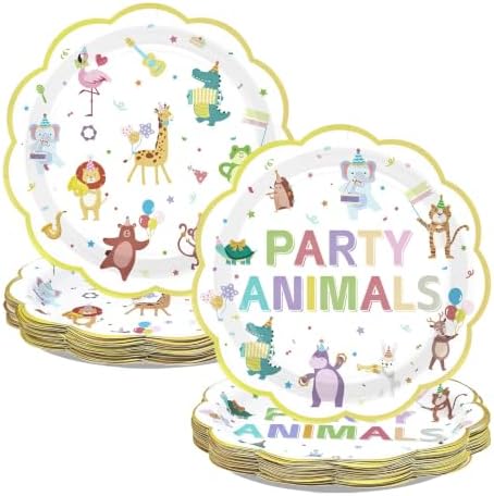 50Pcs Animal Parade Scalloped Heavy Duty Paper Plates 9 Inch by Greencian