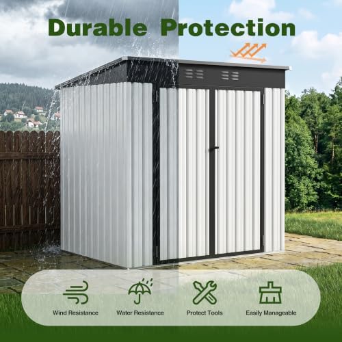 6 x 4 FT Outdoor Storage Shed, Waterproof Metal Garden Tool Shed with Sloped Roof, Magnetic Light, Lockable Door & Air Vents for Backyard Patio Lawn, White - Image 7