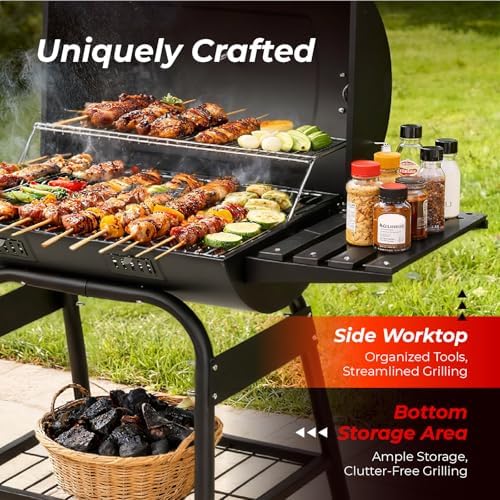 Outvita Barrel BBQ Charcoal Grill with Warming Rack & Dual Prep Table Black - Image 4
