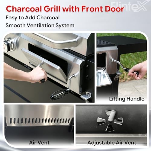 Flintex Gas and Charcoal Grill Combo with Griddle, Propane Grill Griddle Combo with Dual Fuel BBQ System, 720 sq.in. Cooking Area, Porcelain-Enameled Cast Iron Grates and Pan - Image 4