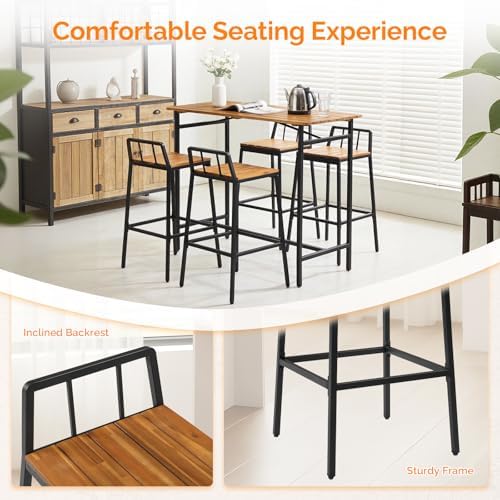 VINGLI 5 Pieces Outdoor Dining Set, Acacia Wood Outdoor Bar Table and Chairs Set for Porch Poolside Backyard Garden Balcony - Image 5