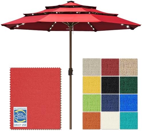 EliteShade USA 10-Year-Non-Fading 10ft 3-Tier Market Patio Umbrella, Commercial Table Umbrella with 80 Solar LED Lights, Crank Open, Windproof & UPF 50+ UV Protection for Garden, Deck, Pool, Backyard, No Tilt, Logo Red by EliteShade