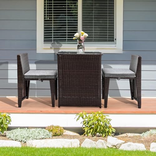 Bonnlo 3 PCS Wicker Outdoor Patio Bistro Set, Patio Furniture Set for Small Space with Glass Top Table Dining Chairs, Balcony Furniture Patio Table and Chairs Set of 2 for Garden Yard Porch (Brown) - Image 5