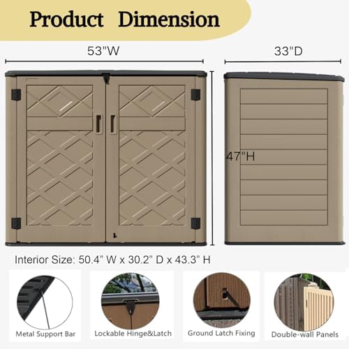 ZZM Large Outdoor Storage Shed, 48 Cu Ft Resin Versatile Storage Cabinet for Patio Accessories, Trash Cans & Garden Tools, Durable Horizontal Storage Box with Lockable Lid (Coffee) - Image 5