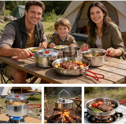 Foldable 18/8 Stainless Steel Camping Cookware 11pcs for 4-8 People - Image 4