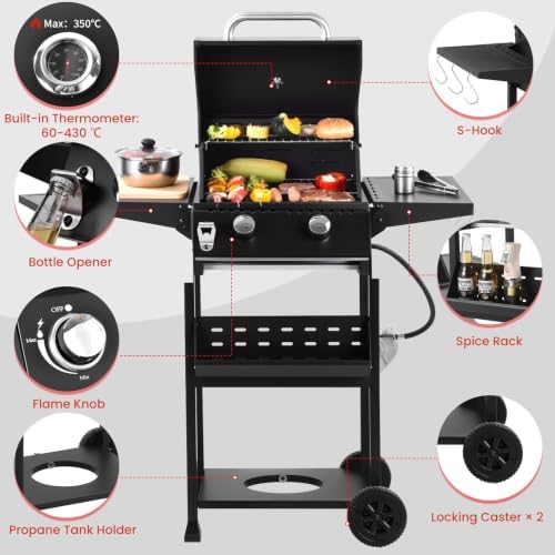 2-Burner Propane Gas Grill with Side Burner, Lid and Hooks - Image 2