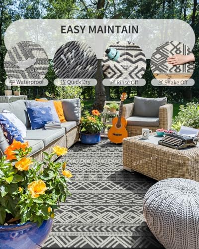 MontVoo Outdoor Rug Carpet Waterproof 9x18 Outdoor Patio Rug Mat Reverisble Plastic Straw Outdoor Rug for RV Camping Picnic Beach Balcony Boho Grey Large - Image 2