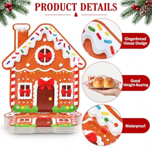 FOIMAS 48pcs Christmas Paper Plates, 9.3 Inch Christmas Gingerbread House Plates Disposable Christmas Party Paper Plate Tableware for Xmas Party Supplies Winter Holiday Birthday Kitchen Table Decor - Image 3
