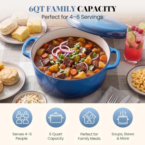 DUMOS Enamel Cast Iron Dutch Oven, 6 Quart Pot with Lid, Gradient Blue - Image 2