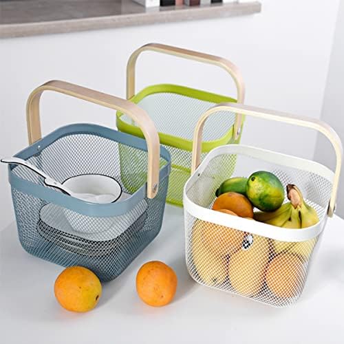 Mesh Steel Storage Organizer Basket Fruit Basket Bin with Wood Handle Ideal for Kitchen Bathroom Picnic Baskets Pantry Cabinets Storage Home Decor (Light Blue) - Image 5